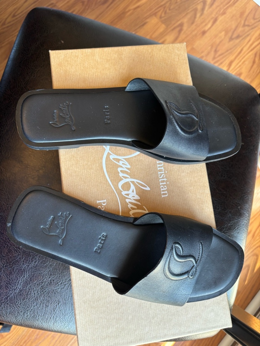 Christian Louboutin Black Leather Slide Sandals with Embossed Logo